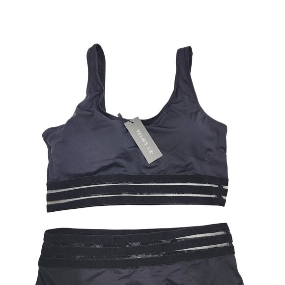 Tempt Me Womens Black High Waist Bikini Set Mesh Panel Striped Details Size S - Picture 3 of 7